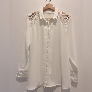 Anne Fontaine White Lace Cut Out Detail Button Down Shirt size 10 EUC